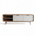 Contemporary wood and metal media console with geometric door design 60 x 16 x 20 inches