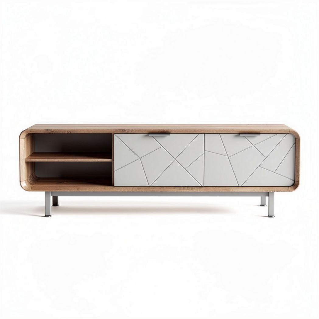 Contemporary wood and metal media console with geometric door design 60 x 16 x 20 inches