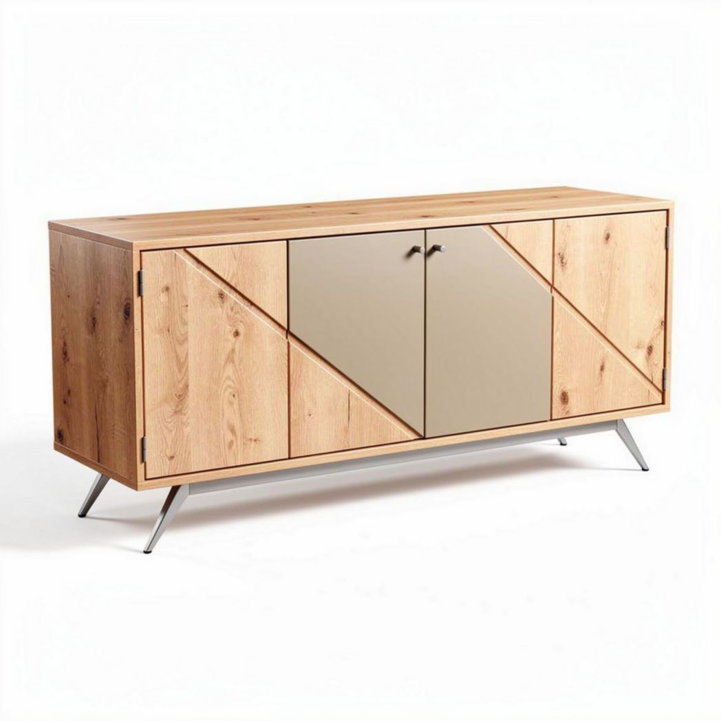 Wooden sideboard with mirror panel and metal legs 120 x 40 x 75cm