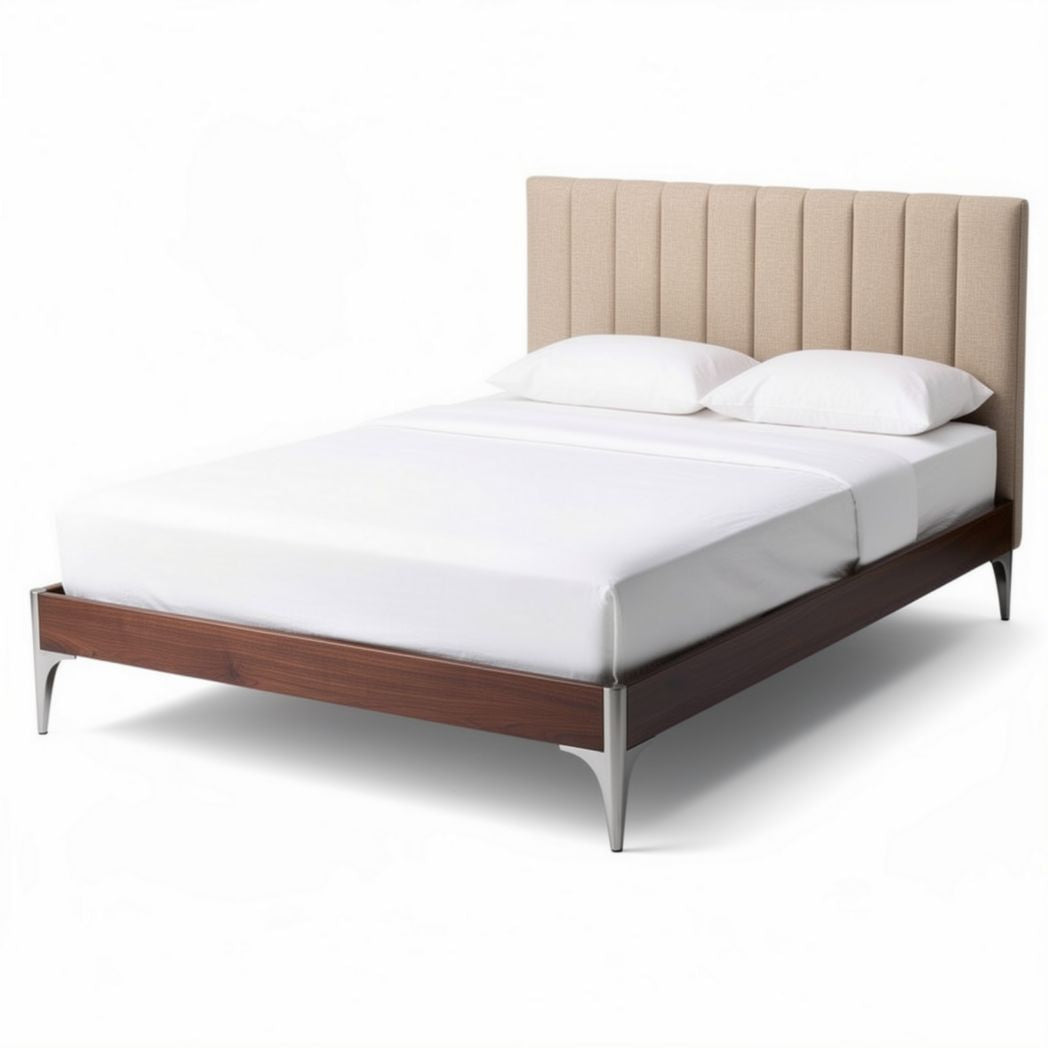 Upholstered bed frame with wood base and beige headboard 200 x 160 x 100cm