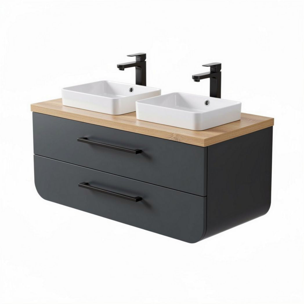 Double vessel sink bathroom vanity with dark gray finish and bamboo top 90 x 45 x 50cm