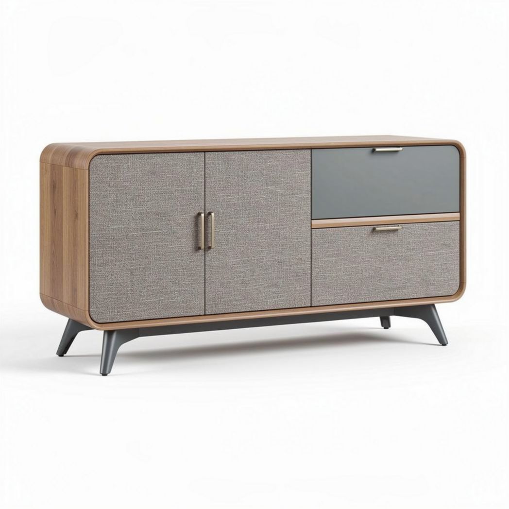Wood and fabric storage cabinet with one drawer and two doors 120 x 40 x 75cm