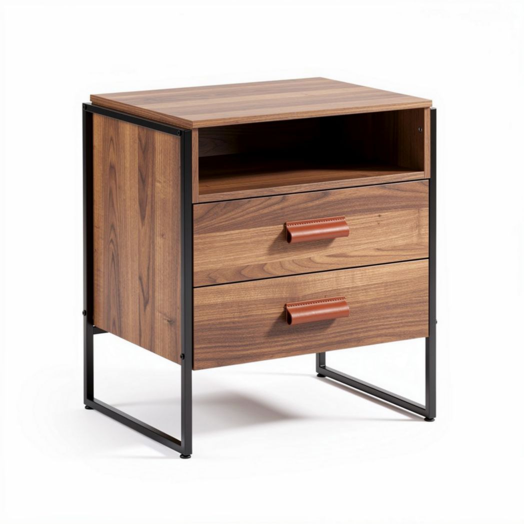 Wooden nightstand with metal frame two drawers modern design 40 x 35 x 50cm