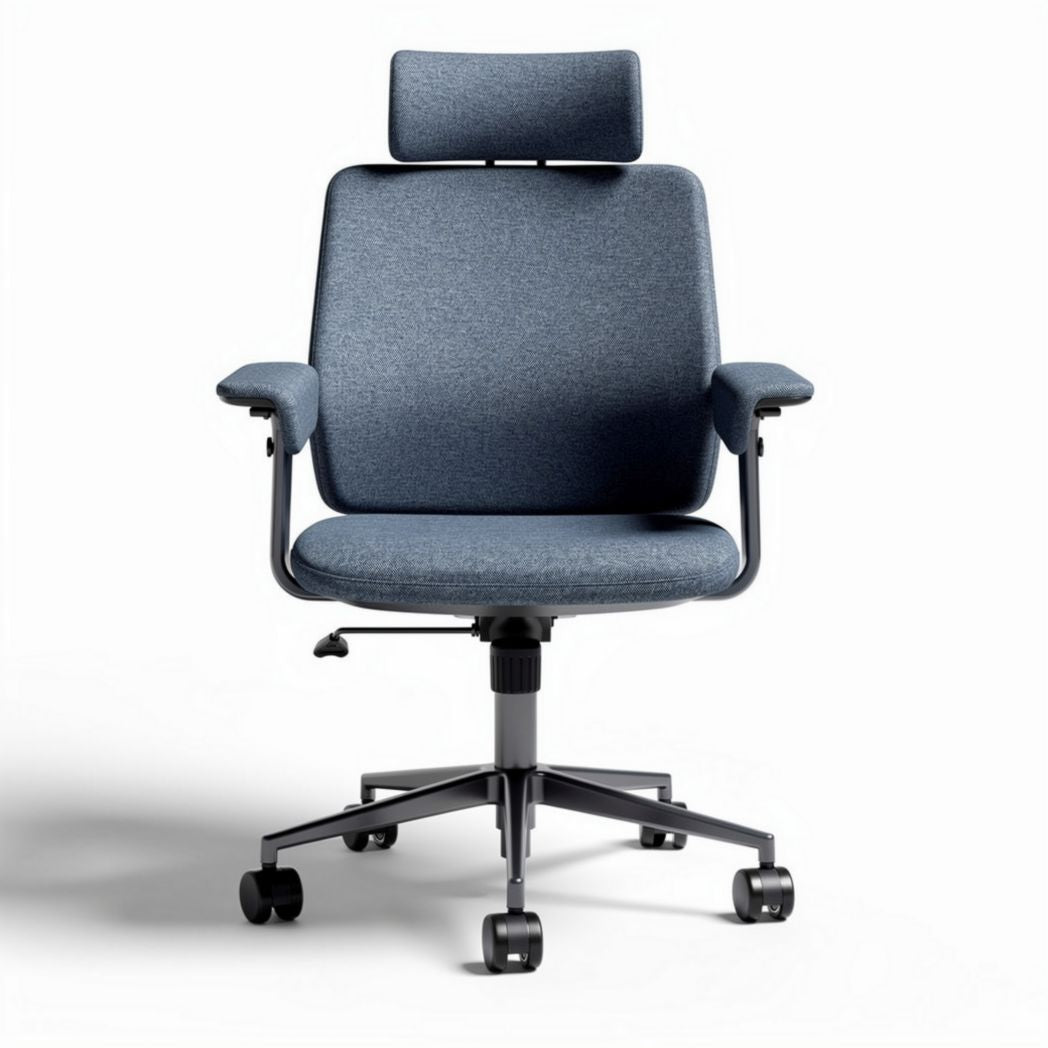 Blue ergonomic office chair with adjustable headrest and armrests
