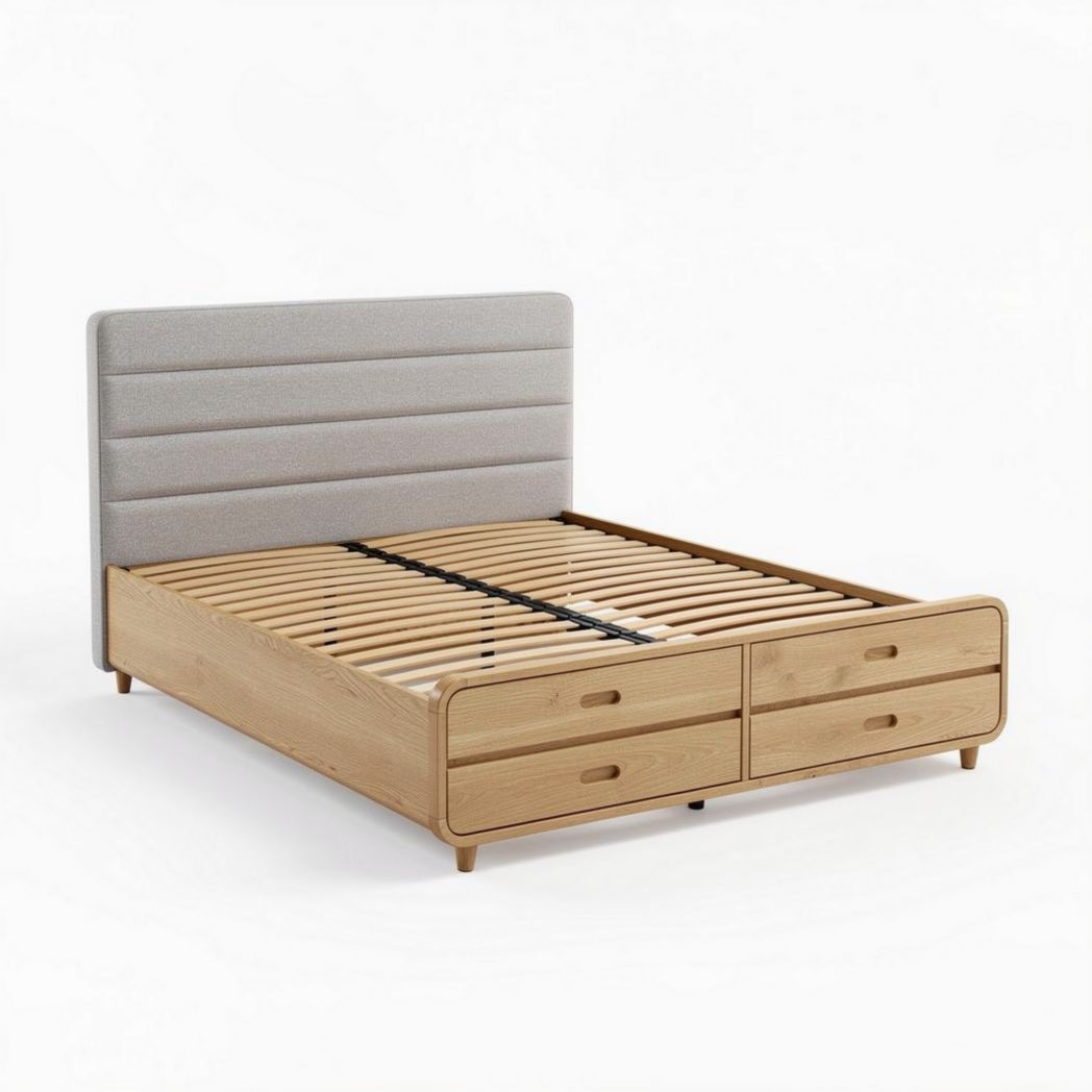 Wooden bed frame with storage drawers and fabric headboard 200 x 160 x 100cm
