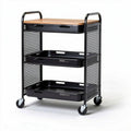 Rolling cart with wooden top and three black metal storage trays 80 x 45 x 85cm