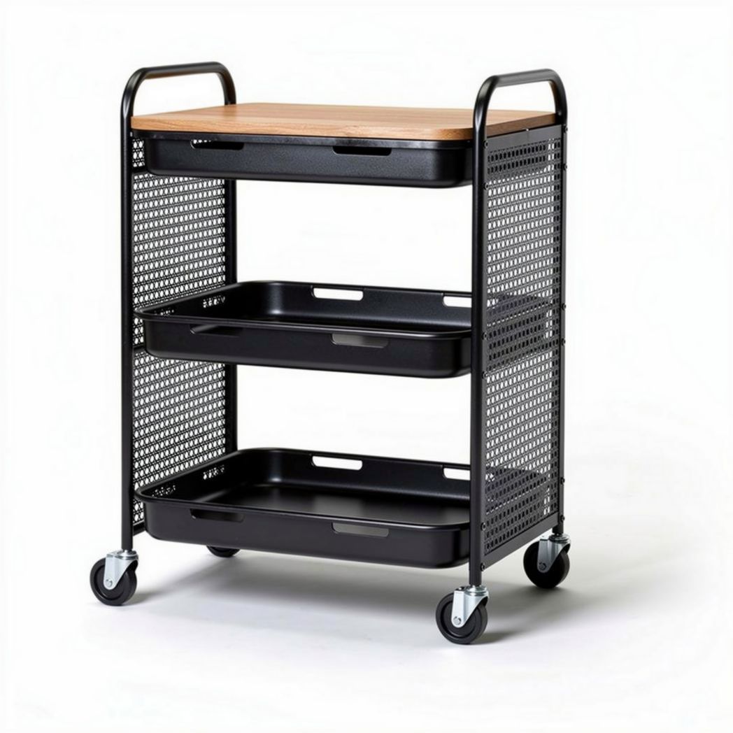 Rolling cart with wooden top and three black metal storage trays 80 x 45 x 85cm