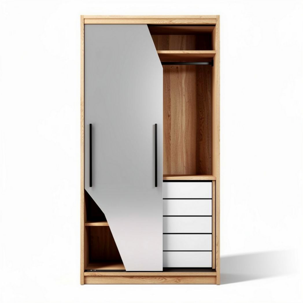 Modern wooden wardrobe with sliding mirror doors and five drawers 180 x 90 x 45cm