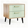 Wooden nightstand with two ribbed drawers in mint green and natural finish