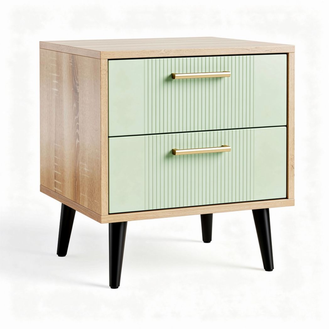 Wooden nightstand with two ribbed drawers in mint green and natural finish