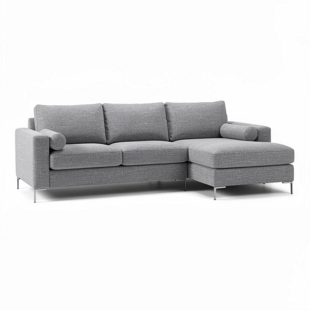 Gray fabric sectional sofa with metal legs and removable cushions 250 x 100 x 90cm