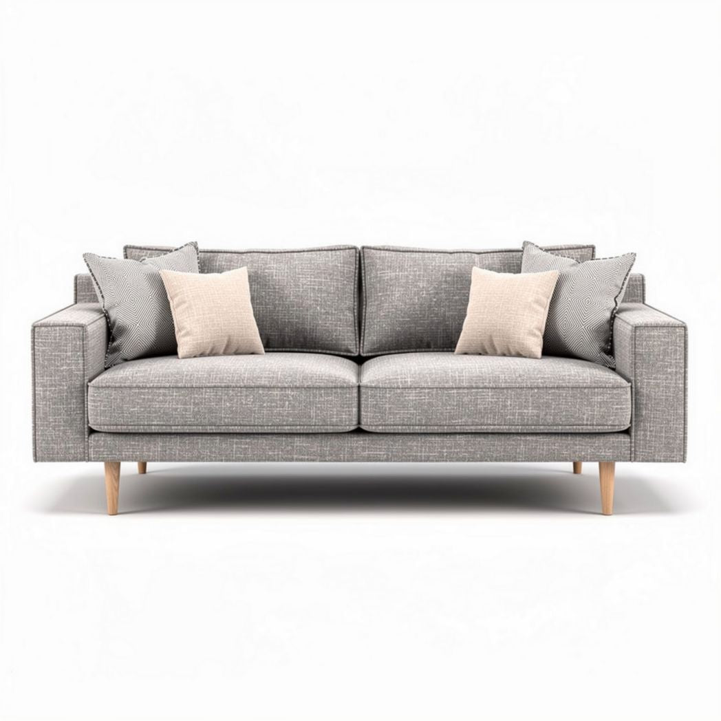 Gray fabric sofa with wooden legs and four decorative pillows 200 x 90 x 85cm